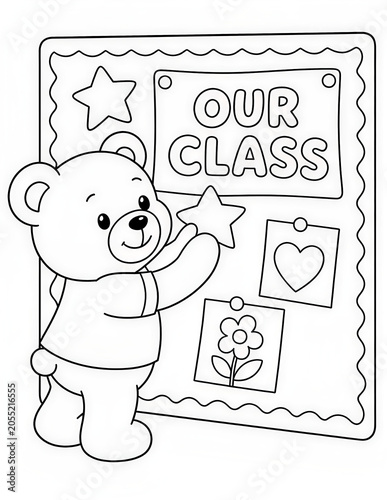 Cute Teddy Bear sticking on school class board Coloring Page for Children	