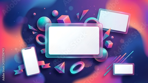 Social media template with colorful abstract background and blank screens