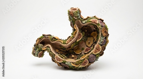 Artistic stomach sculpture made of mushrooms for educational use in biology and gastronomy and medicine