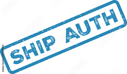 Φωτογραφία A bright blue distressed rubber stamp with SHIP CLEAR indicating shipment custom