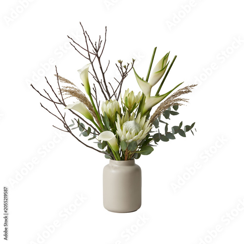 Elegant arrangement of white flowers and green foliage in a simple ceramic vase