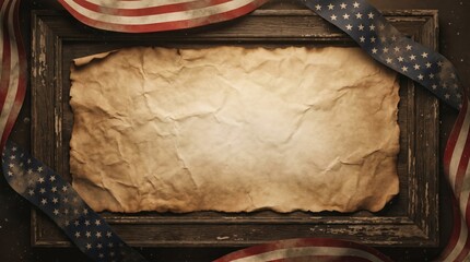 Vintage Parchment Paper in Weathered Wood Frame with American Flag Ribbons for Patriotic Memorial Day and Independence Day Announcements