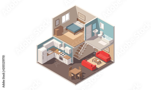Isometric two-story house interior floor plan cross-section