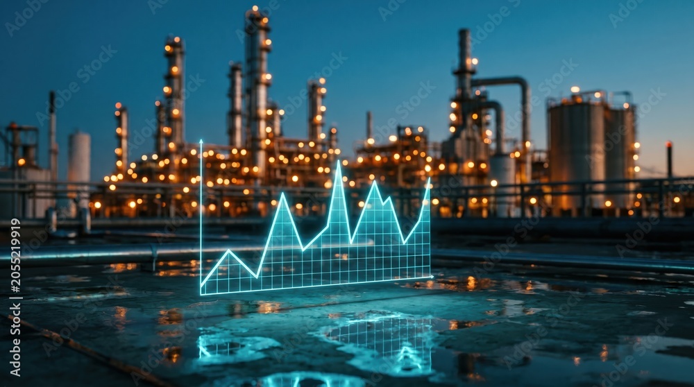 Fototapeta premium Digital line graph over industrial oil refinery at night for energy market data analysis and economic performance monitoring