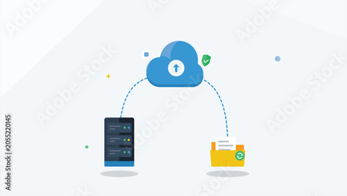 Cloud Computing Network Data Backup Sync System Flat Illustration for Digital Storage Server Management and Secure Information Transfer Services for Business IT
