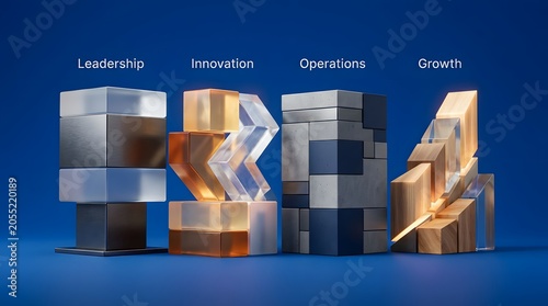 Abstract 3D core corporate value sculptures, Minimalist 3D digital rendering, Corporate strategy and organizational identity, Multi-material geometric blocks on blue back