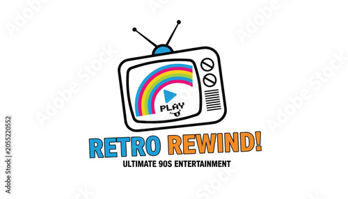 Colorful retro rewind logo displays an old television set with a rainbow on screen over ultimate nineties entertainment text.