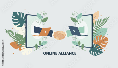 Modern business alliance conceptual illustration features a friendly handshake extending from two digital screens.