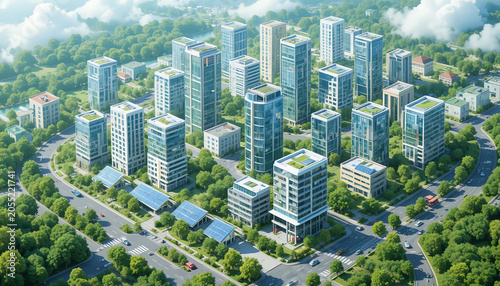 Modern eco smart city with solar panels and green buildings, detailed isometric illustration.