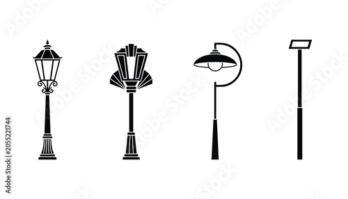 Classic collection of four distinct black street light designs ranging from historical lantern to modern luminaire.
