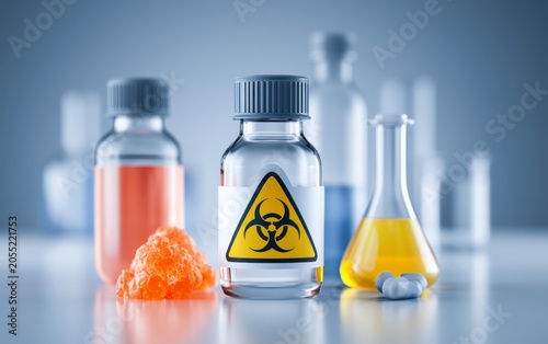 Laboratory bottles with hazardous materials and biohazard symbol