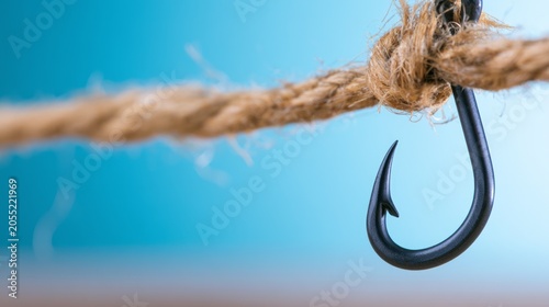 Close-up of a ready fishing hook hanging from a thick rope on a clear blue sky background