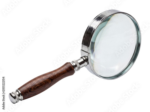 Photograph of an elegant magnifying glass with a wooden handle and polished silver frame.