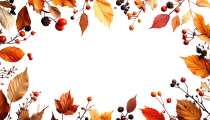 An autumnal frame composed of colorful leaves, berries, and branches against a black backdrop, creating a seasonal border