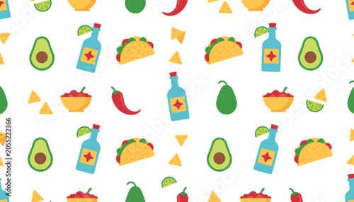 Colorful Mexican food seamless pattern featuring hand drawn tacos, tequila bottles, avocados, and spicy chili peppers on white background.