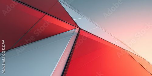 Modern Corporate Building Facade with Red Glass and Geometric Shapes