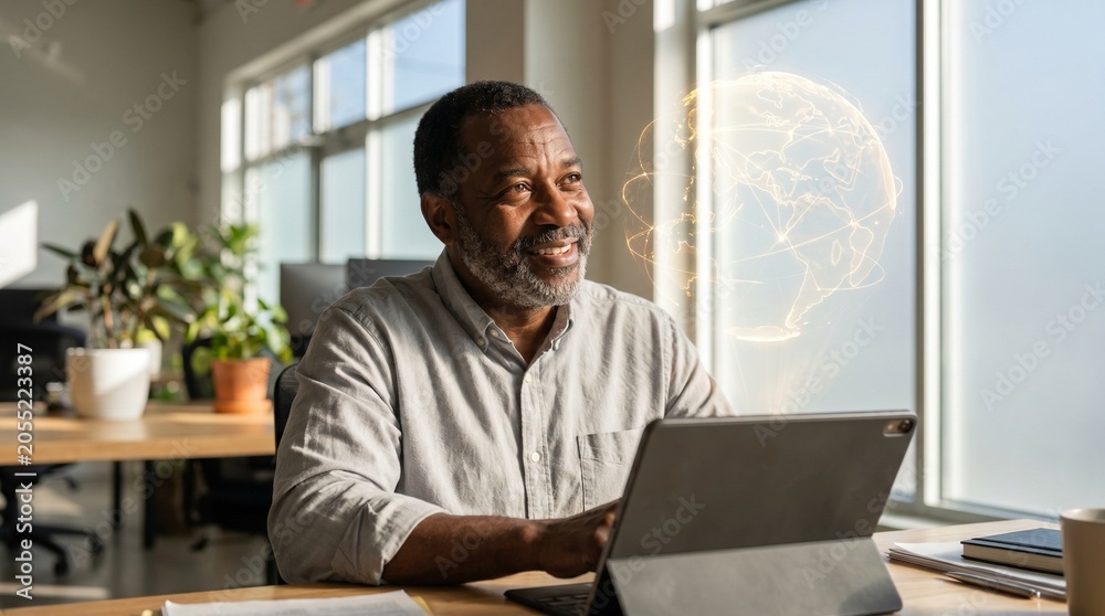 Fototapeta premium Senior African American Man Using AI Brain Hologram for Research