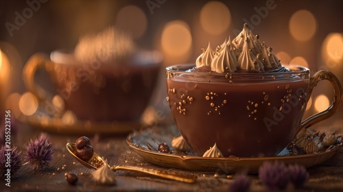 Rich hot beverage in elegant glassware is served amid soft, warm illumination.