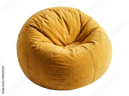 Cozy, mustard yellow velvet bean bag chair, presenting a soft, inviting texture from a unique high angle perspective.