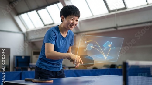 Young Tennis Player Using Holographic Training Technology in Gym