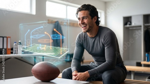 Athlete reviewing futuristic holographic football plays in locker room