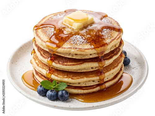 Gourmet stack of fluffy pancakes with melting butter, fresh blueberries, mint, powdered sugar, and syrup.