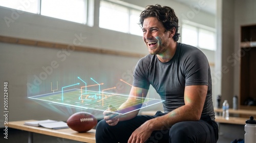 Athletic man practicing punches with digital virtual sparring partner