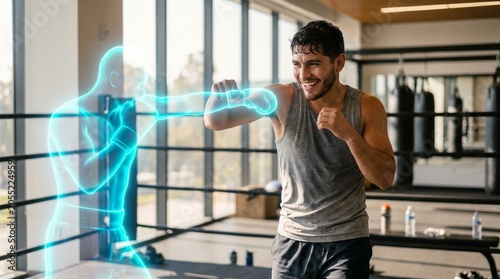 Man Practicing Boxing Training with Virtual Reality Hologram in Gym