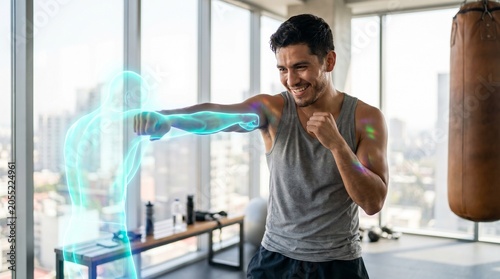 Man Training Boxing Skills with Augmented Reality Virtual Reality Tech