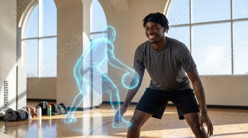 Young Male Basketball Athlete Practicing Skills with Digital Holographic Coach