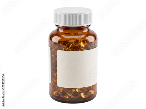 Amber medicine bottle filled with golden gel capsules, like vitamins or supplements, with a blank white label and cap.