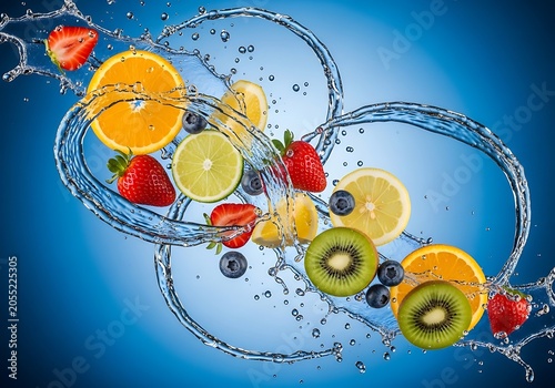 Vibrant assortment of fresh fruits and berries splashing in clear water against a blue background, symbolizing health and refreshment.