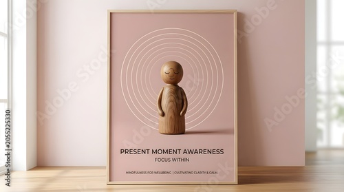 Mindfulness Poster Mockup with Wooden Figurine, Minimalist Zen Interior Photography, Mental Health and Wellness Decor, Framed vertical art leaning on wooden floor