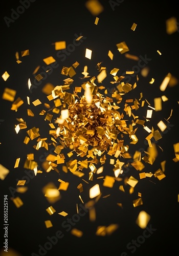 Explosion of shimmering golden confetti against a dark black background, creating a festive and celebratory atmosphere.