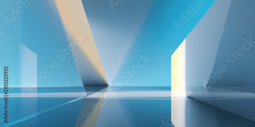 Abstract Blue and Yellow Geometric Corporate Space with Bright Light Reflections
