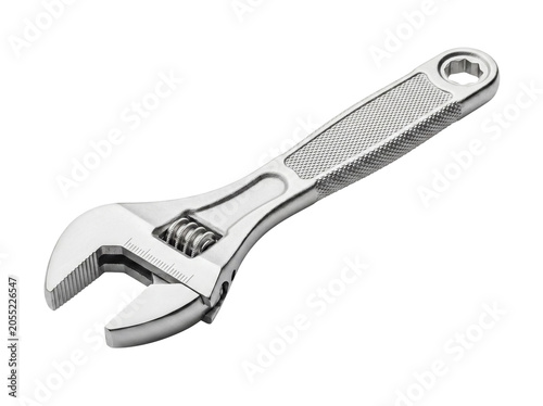 Heavy-duty adjustable crescent wrench with textured handle, closed jaws, isolated on a transparent background.