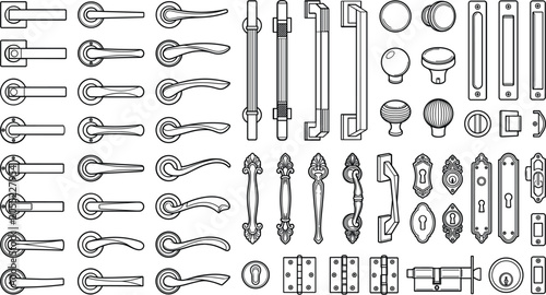 Bild auf Leinwand Door handles and metallic knobs linear vector icon set, house hardware lock outl