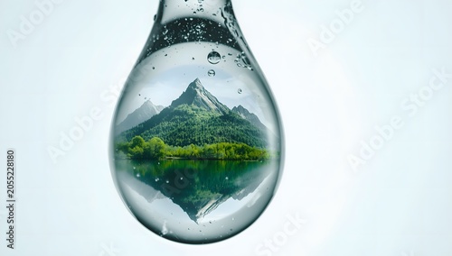 Beautiful mountain landscape reflected inside a clear water droplet close up