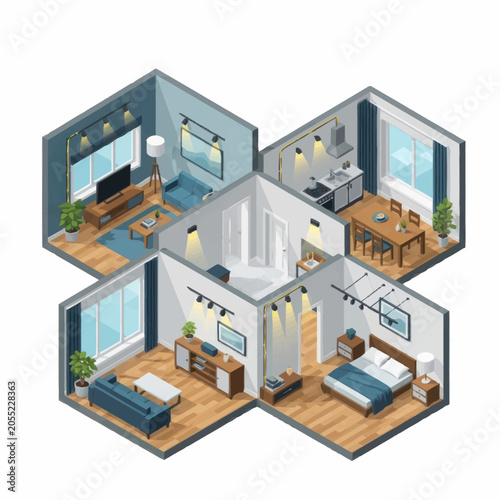 Fotografia Isometric view of a modern apartment layout with multiple rooms.
