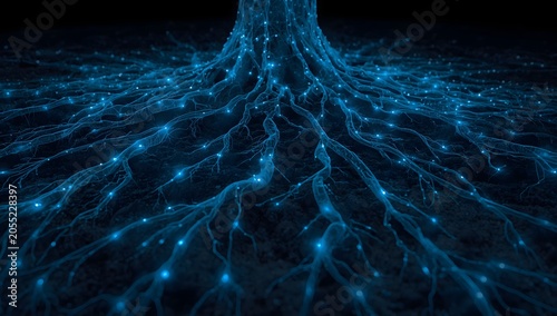 Sprawling network of underground tree roots glowing with blue bioluminescent light.