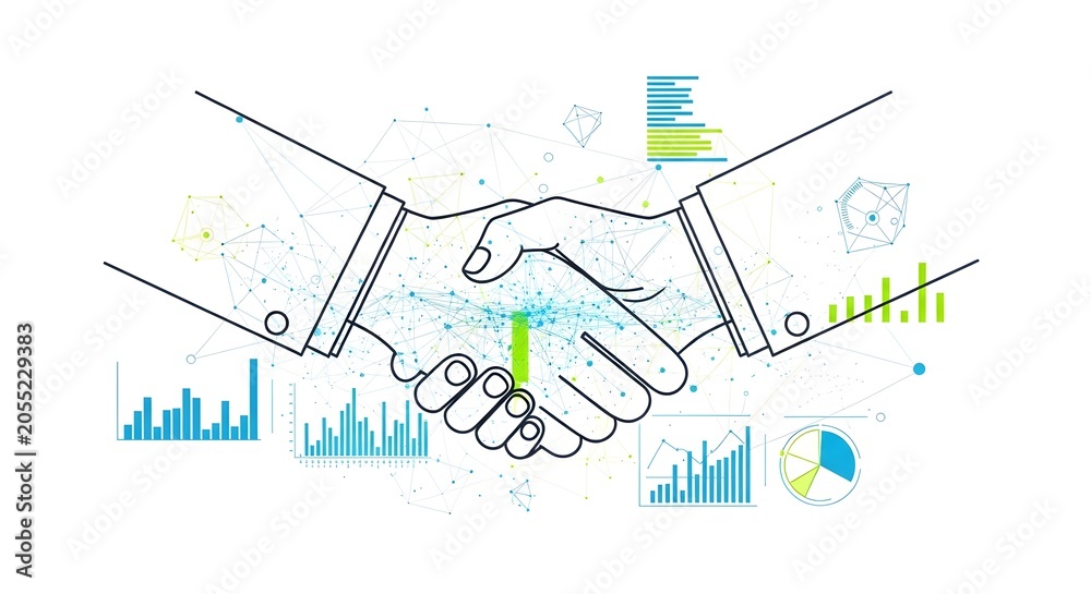 Obraz premium Business handshake illustration with financial charts and data analysis elements isolated on white background