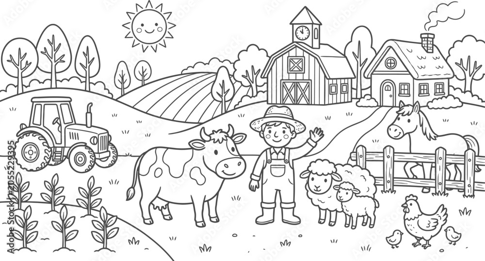 Obraz premium Farm Scene With Tractor Animals And Farmer Black And White Vector Illustration
