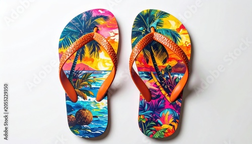 Colorful tropical flip flops with palm trees and sunset design.