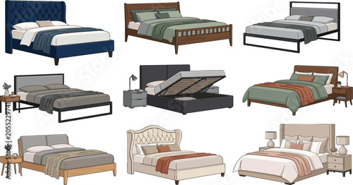 Fotografía Modern double bed furniture vector illustration set, cozy bedroom interior desig