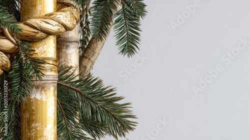 Bundled bamboo stalks intertwine with evergreen foliage against a pale background