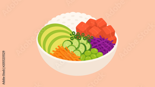 Fotografie Healthy Poke Bowl Illustration with Fresh Salmon, Avocado, Cucumber, and Rice in