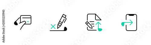 Mobile Payment, Digital Signature and Document Transfer Line Icons Set