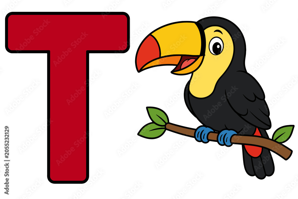 Obraz premium Red Letter T and Toucan Bird Illustration
