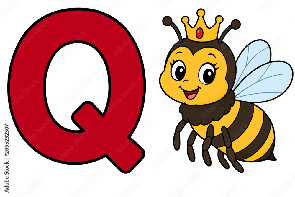 Fototapeta premium Cute Queen Bee Character Beside Letter Q Illustration