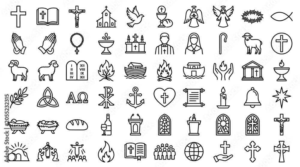 Obraz premium Large set of forty-eight minimalist thin line icons representing Christian faith, religious symbols, church architecture, holy cross, and spiritual elements for unique graphic design projects.